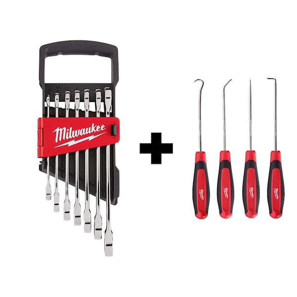 Milwaukee Tool 7pc Ratcheting Combination Wrench Set - Metric w/ 4 PC Hook & Pick Set - 48-22-9506, 48-22-9215