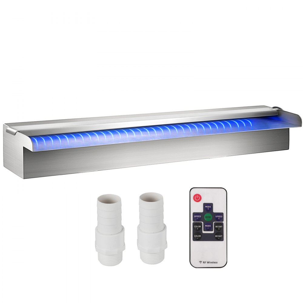 VEVOR Pool Fountain Stainless Steel, Pool Waterfall 23.6" x 4.5" x 3.1"(W x D x H) with LED Strip Light, Waterfall Spillway Rectangular Garden Outdoor - PQSBJPJSWLED60001V1