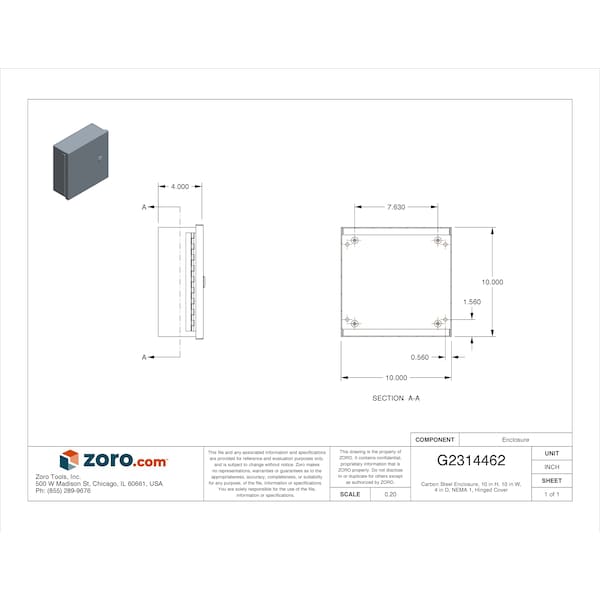 Wiegmann Carbon Steel Electrical Enclosures, 10 in H, 4 in D, 10 in W, NEMA 1, Hinged - N1C101004