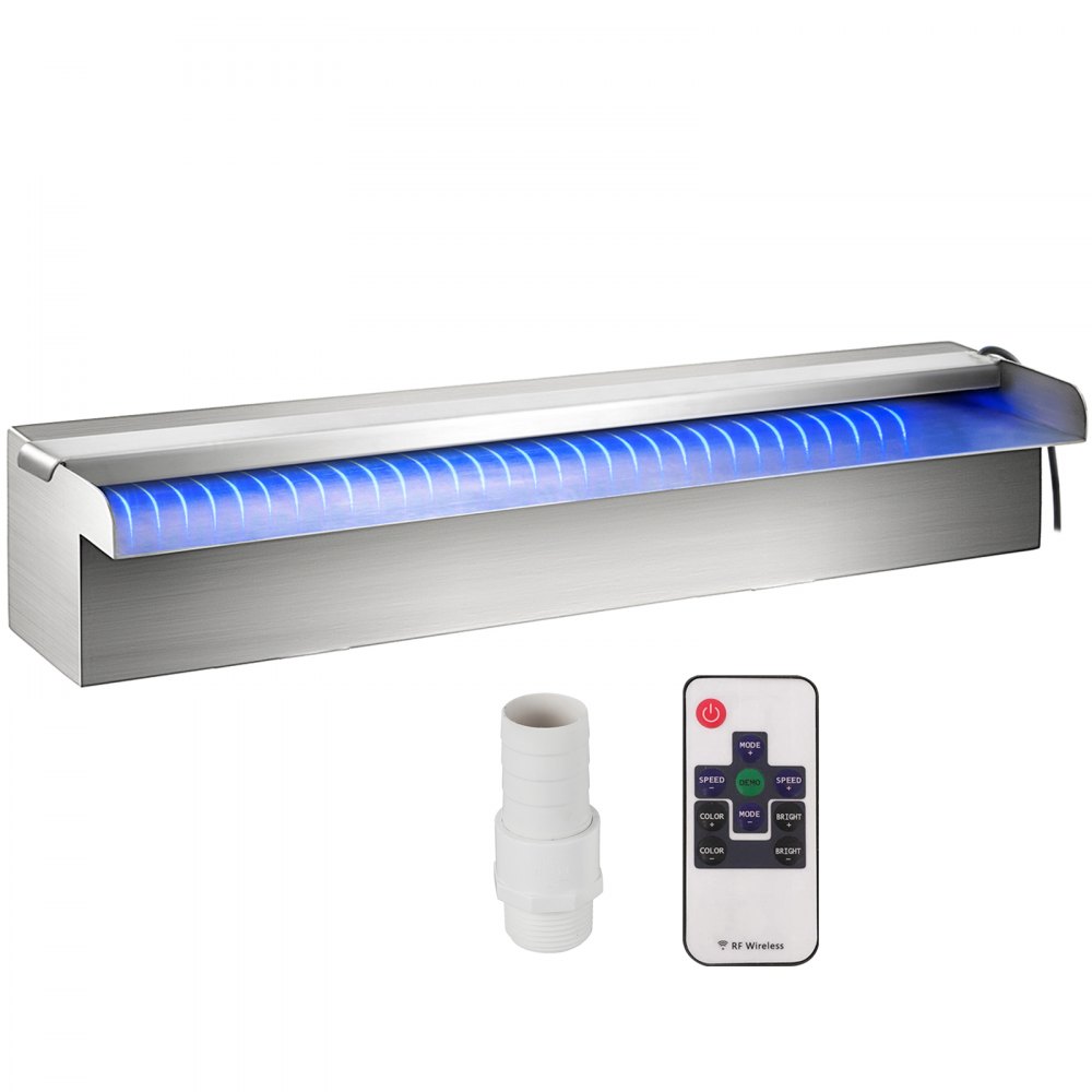 VEVOR Pool Fountain Stainless Steel Pool Waterfall 11.8" x 4.5" x 3.1"(W x D x H) with LED Strip Light Waterfall Spillway with Pipe Connector Rectangular Garden Outdoor - PQSBJPJSWLED30001V1