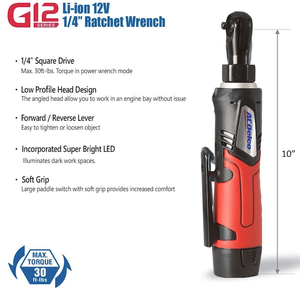 Acdelco G12 Cordless 1/4" Ratchet Wrench, 1-Battery Kit, 30 ft-lbs max - ARW1207P