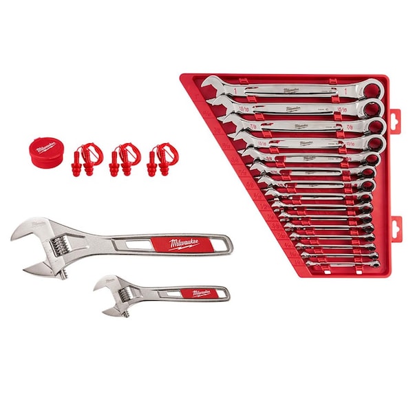 Milwaukee Tool Wrench Set 2 PC 6” & 10” w 15 PC Ratcheting Wrench Set SAE & Ear Plugs - 48-22-7400, 48-22-9416, 48-73-3151