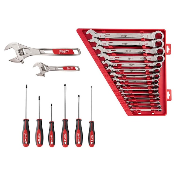 Milwaukee Tool Wrench Set 6” & 10”, 15 PC Ratcheting Wrench Set SAE, 6 PC Screwdriver - 48-22-7400, 48-22-9416, 48-22-2706