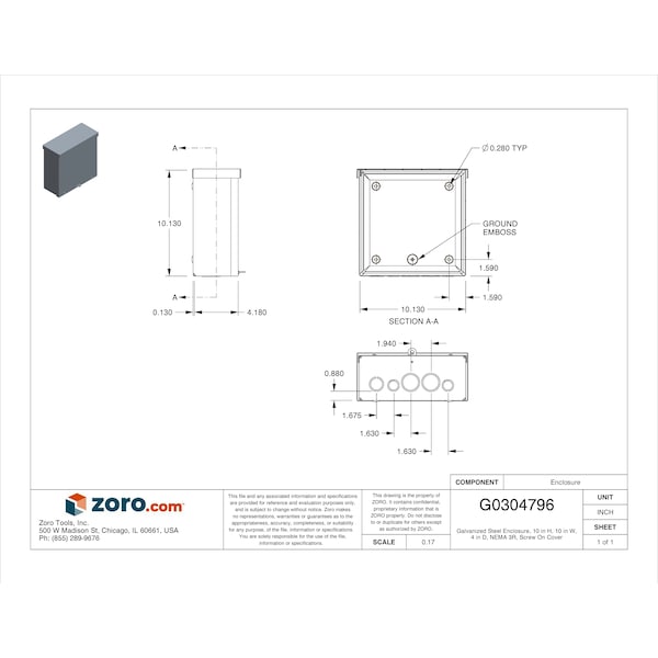 Wiegmann Carbon Steel Electrical Enclosures, 10 in H, 4 in D, 10 in W, NEMA 3R, Screw On - RSC101004G