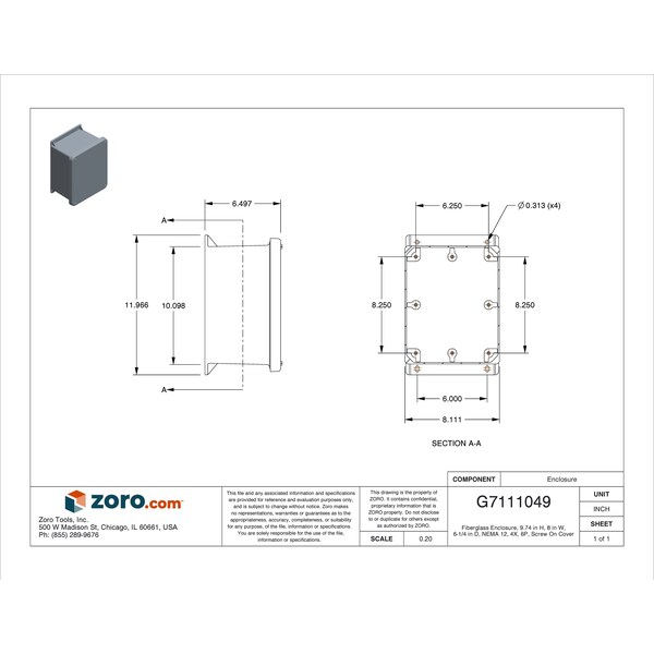 Wiegmann Fiberglass Electrical Enclosures, 9.74 in H, 6-1/4 in D, 8 in W, NEMA 12, 4X, 6P, Screw On - HW-J100806SC