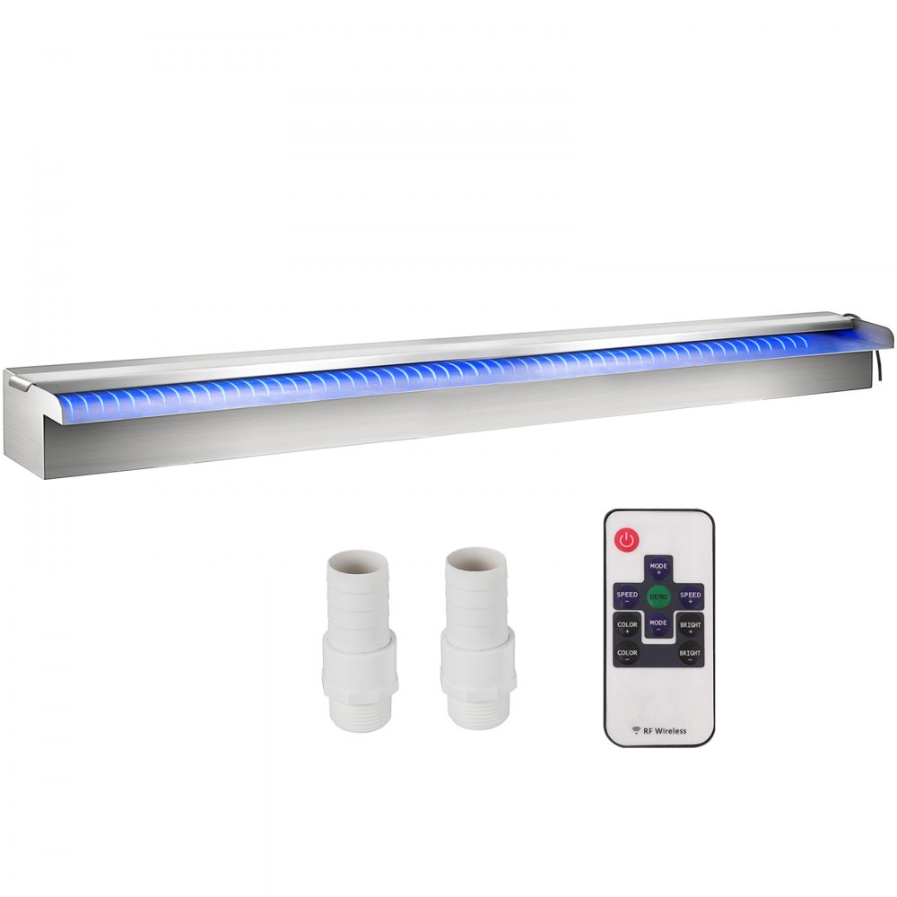 VEVOR Pool Fountain Stainless Steel Pool Waterfall 59.4" x 4.5" x 3.1"(W x D x H) with LED Strip Light Waterfall Spillway Rectangular Garden Outdoor - PQSBJPJSWLED1500PV1