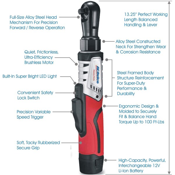 Acdelco G12 3/8" Brushless Ratchet Wrench 65 Ft-lbs Max, 2-Battery Kit - ARW1210-32