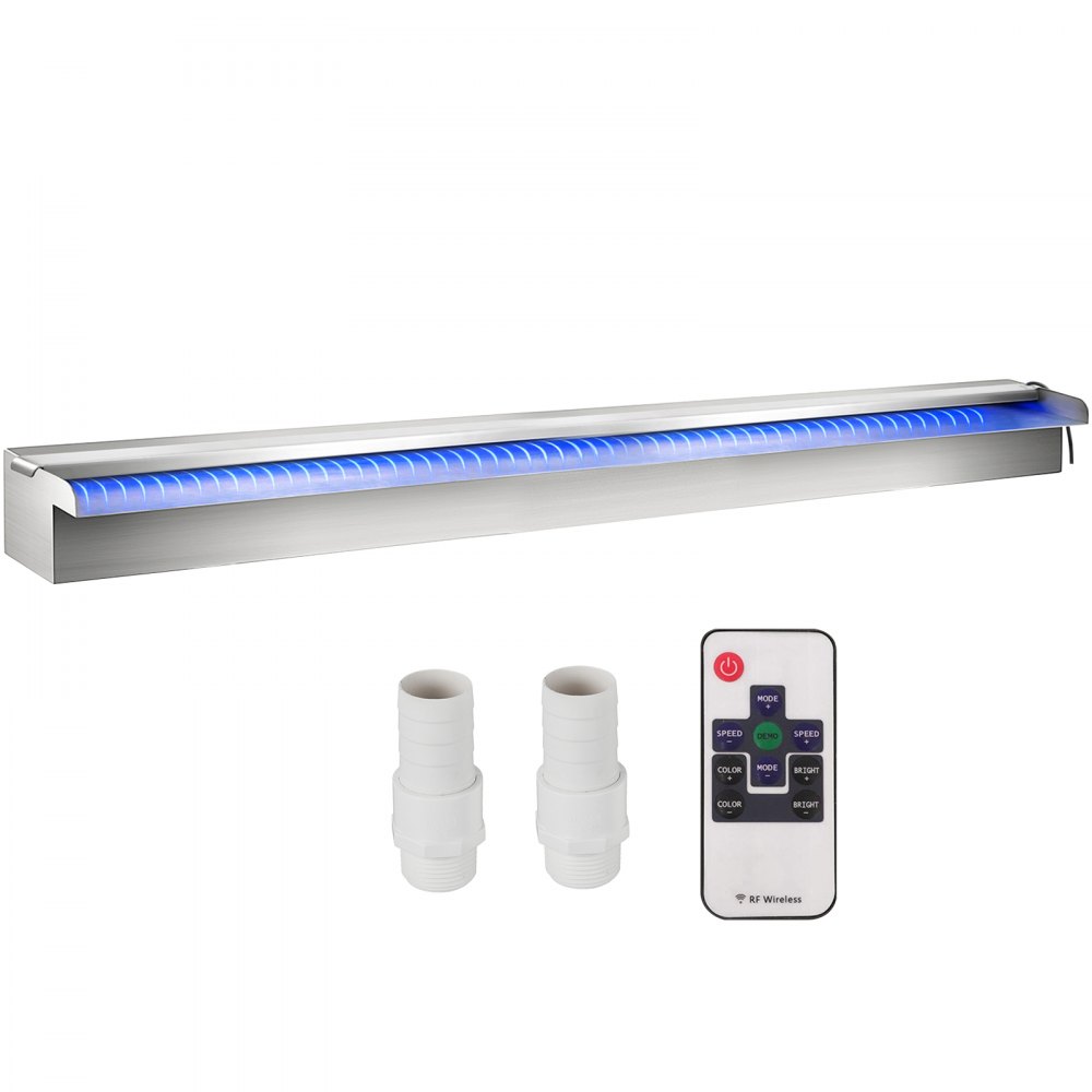 VEVOR Pool Fountain 47.2" x 4.5" x 3.1" Stainless Steel Pool Waterfall with LED Strip Light Waterfall Spillway with Pipe Connector Rectangular Garden Outdoor - PQSBJPJSWLED1200PV1