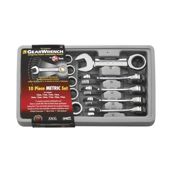 Gearwrench 10 Piece 72-Tooth 12 Point Stubby Ratcheting Combination Metric Wrench Set - 9520D