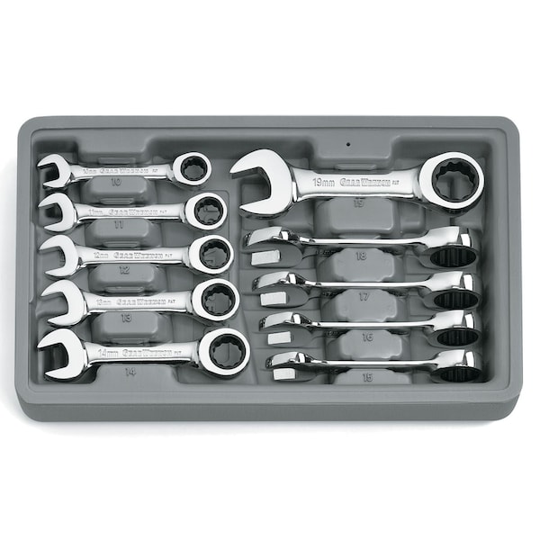Gearwrench 10 Piece 72-Tooth 12 Point Stubby Ratcheting Combination Metric Wrench Set - 9520D