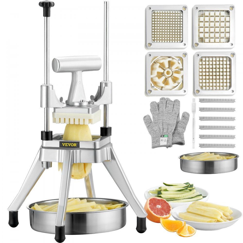 VEVOR Commercial Vegetable Fruit Chopper, Stainless Steel French Fry Cutter with 4 Blades 1/4" 3/8" 1/2", 6-wedge Slicer, Chopper Dicer with Tray, Heavy Duty Cutter for Potato Tomato Onion Mushroom - GGSSDQTJJB412RXV9V0
