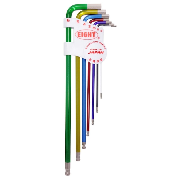 Eight Tool TAPER HEAD HEX KEY L-HANDLE EXTRA LONG SET, 7PC 1.5-6MM MLTI-CLR - TLC-S7