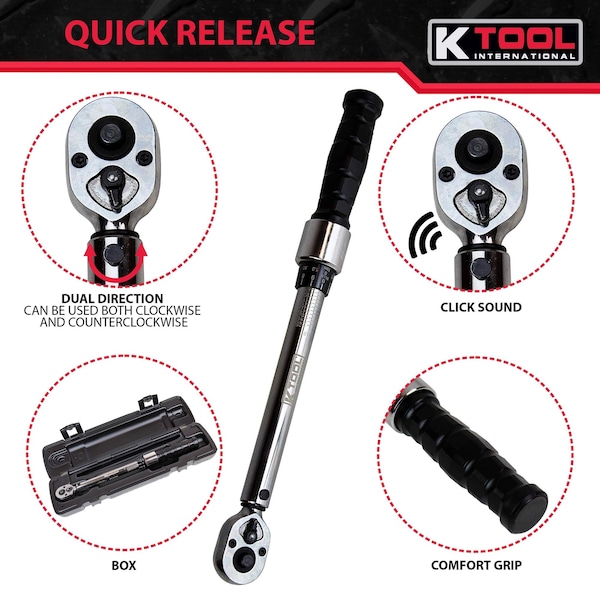 K-Tool International Adjustable Ratcheting Torque Wrench, 30-250 In/Lbs, 3/8" Drive - KTI72120A