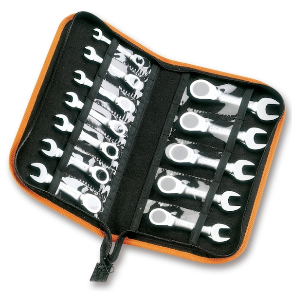 Beta 142 Short Series, Set of 12, 12-Point Ratcheting Combination Wrenches, Stubby, Metric 8mm-19mm - 001420175