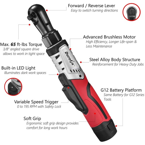 Durofix 3/8" BLDC Ratchet Wrench 1-Battery Kit, 65 ft-lbs, RW1210-3P - RW1210-3P