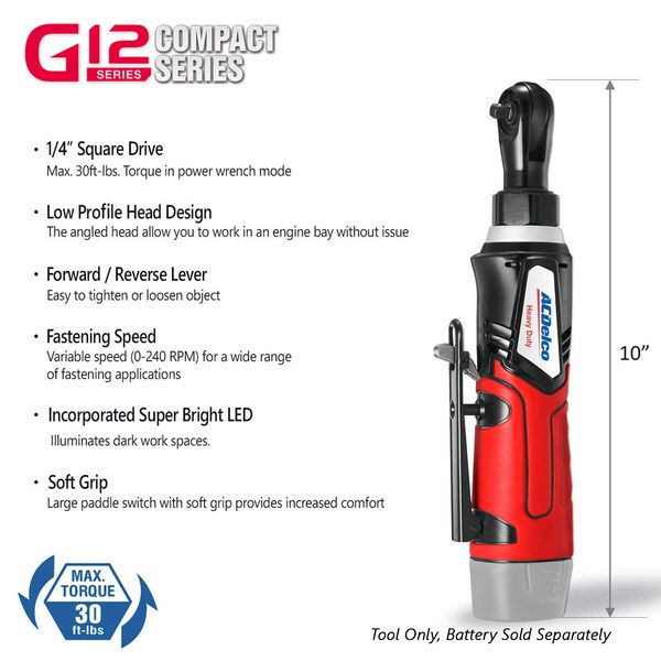 Acdelco G12 Cordless 1/4" Ratchet Wrench, 30 ft-lbs max (Tool Only) - ARW1207T