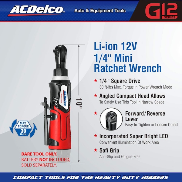 Acdelco G12 Cordless 1/4" Ratchet Wrench, 30 ft-lbs max (Tool Only) - ARW1207T