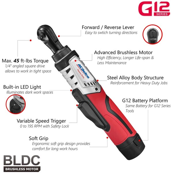 Acdelco G12 Brushless 1/4" Cordless Ratchet Wrench, 2-Battery Kit - ARW1210-22