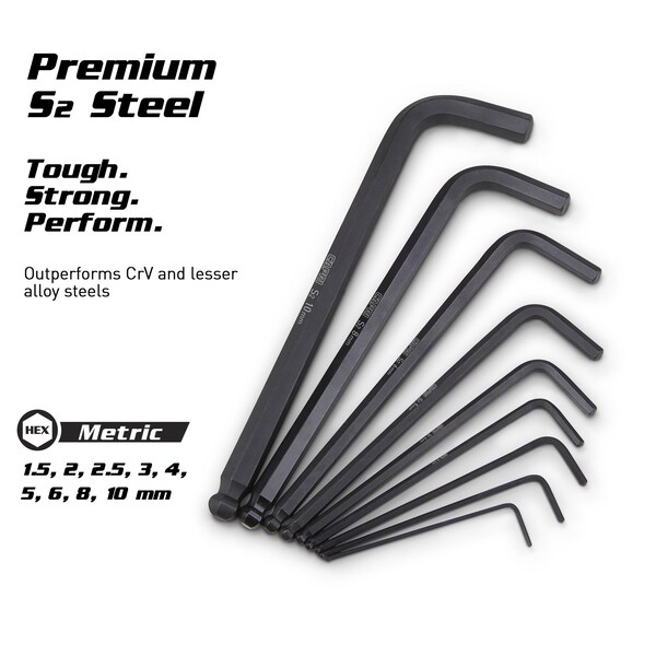 Capri Tools S2 Steel Metric Long Arm Ballpoint End Hex Key Wrench Set, 9 pcs - 1-3000