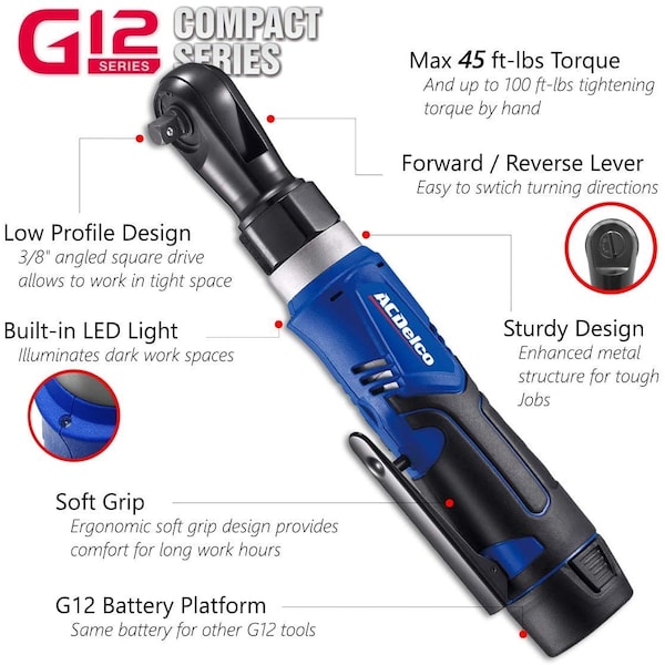 Acdelco G12 3/8" Cordless Ratchet Wrench 12V, 45 ft-Lbs max, 1-Battery - ARW1209P