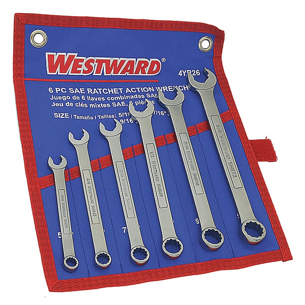 Westward Combo Wrench Set, Ratchet OE, 5/16-5/8, 6Pc - 4YR26