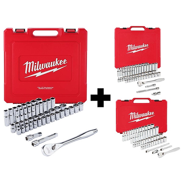 Milwaukee Tool Ratchet/Socket Set, Standard Socket Count/Style (18) 6-Point, (23) 6-Point, (25) 6-Point - 48-22-9010, 48-22-9008, 48-22-9004