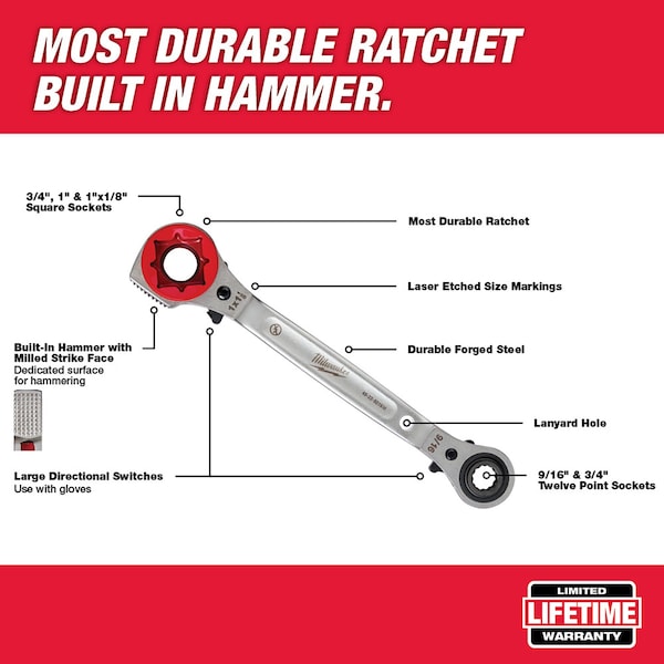 Milwaukee Tool Lineman's 5in1 Ratcheting Wrench with Milled Strike Face - 48-22-9216M