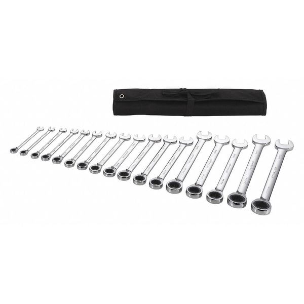 Westward Ratcheting Wrench Set, Metric, 8 mm to 25 mm Head Sizes, 12 Points, 15-Piece - 54DG33