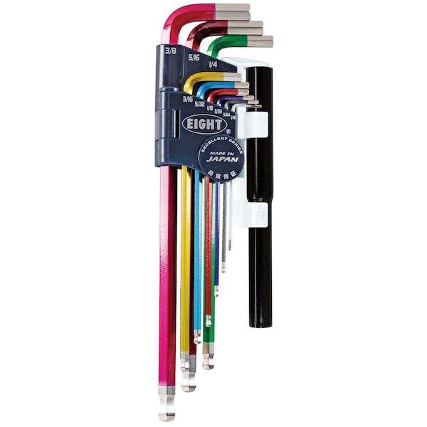Eight Tool TAPER HEAD HEX KEY L-HANDLE EXTRA LONG SET, 9PC 1/16-3/8INCH MLTI-CLR W/EXTENSION PIPES - TELC-S9NP