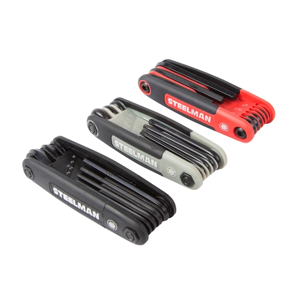 Steelman 3-Piece Folding Hex Key Set; Includes 9-Standard (SAE")/8-Metric (MM), and 8-Torx (T) Sizes - 41928