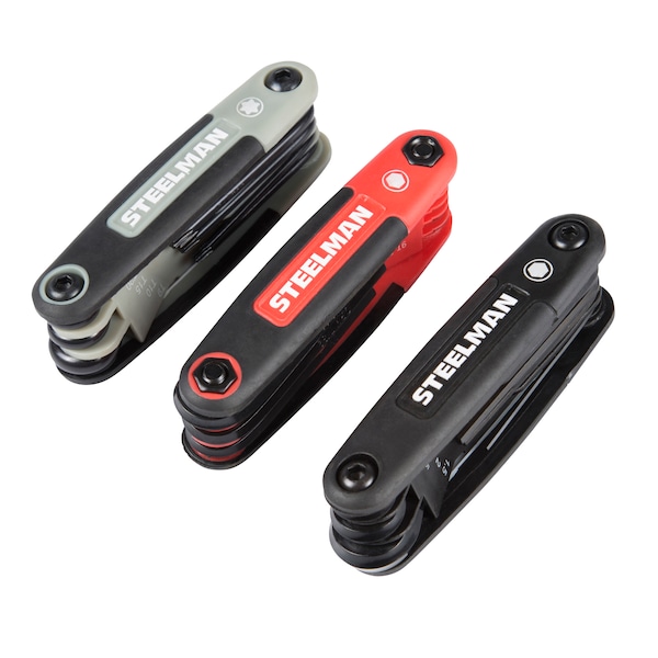 Steelman 3-Piece Folding Hex Key Set; Includes 9-Standard (SAE")/8-Metric (MM), and 8-Torx (T) Sizes - 41928