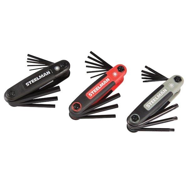 Steelman 3-Piece Folding Hex Key Set; Includes 9-Standard (SAE")/8-Metric (MM), and 8-Torx (T) Sizes - 41928
