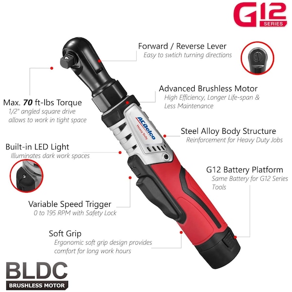 Acdelco G12 1/2" BRUSHLESS Ratchet Wrench 70 ft-lbs, 1-Battery Kit - ARW1210-4P