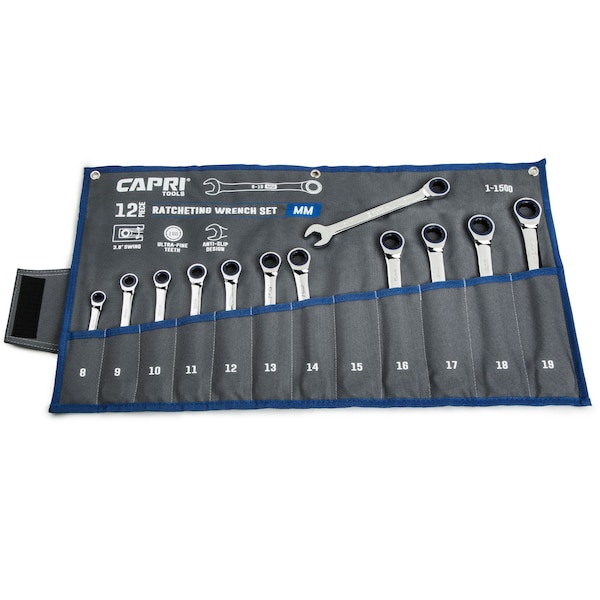 Capri Tools 100-Tooth Metric Ratcheting Combination Wrench Set, 12 pcs with Pouch - CP11500