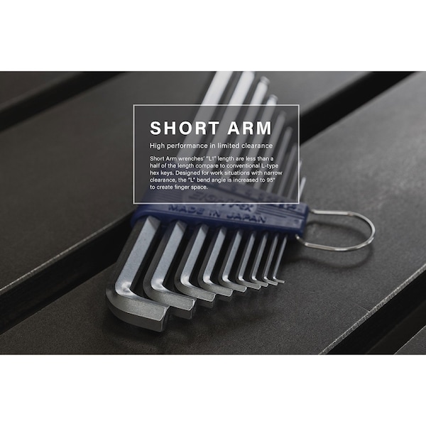 Eight Tool SHORT ARM TAPER HEAD HEX KEY L-HANDLE EXTRA LONG SET, 9PC 1.5-10MM SLVR - TTS-9