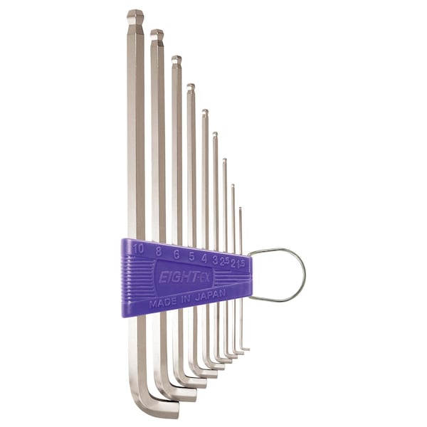 Eight Tool SHORT ARM TAPER HEAD HEX KEY L-HANDLE EXTRA LONG SET, 9PC 1.5-10MM SLVR - TTS-9