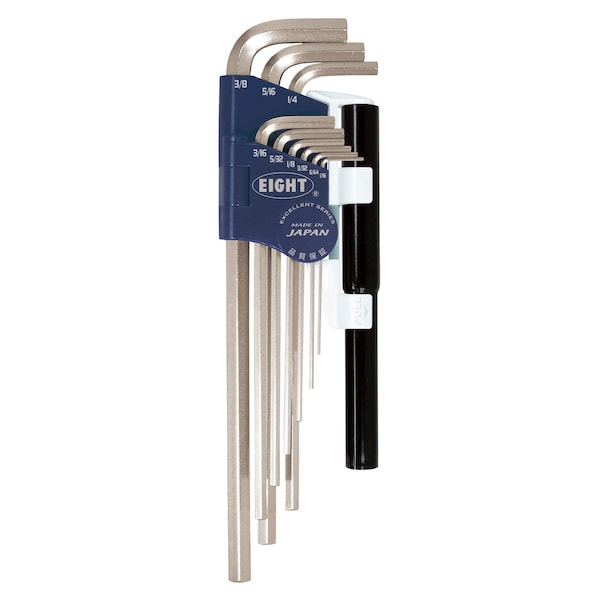 Eight Tool HEX KEY L-HANDLE EXTRA LONG SET, 9PC 1/16-3/8INCH SLVR W/EXTENSION PIPES - LHS-9ZNP
