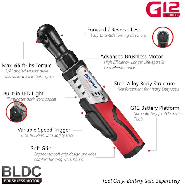 Acdelco G12 3/8" Brushless Ratchet Wrench 65 Ft-lbs, Tool Only - ARW1210-3T