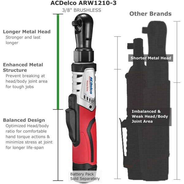 Acdelco G12 3/8" Brushless Ratchet Wrench 65 Ft-lbs, Tool Only - ARW1210-3T
