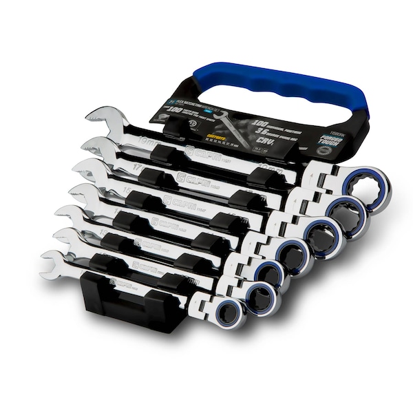 Capri Tools 100-Tooth Flex-Head Ratcheting Combination Wrench Set, Metric, 7 pcs - 11580RK