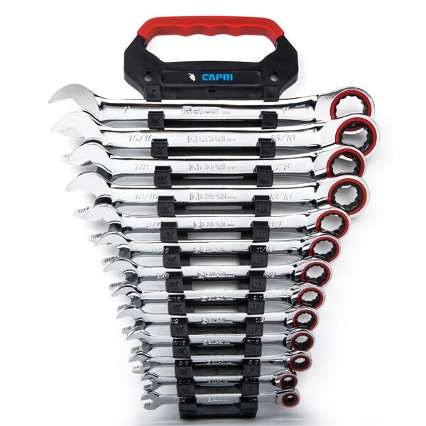 Capri Tools 100-Tooth Ratcheting Combination Wrench Set, SAE, 13 pcs with Rack - CP11600RK