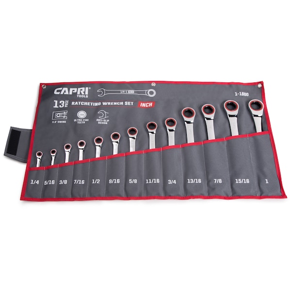 Capri Tools 100-Tooth Ratcheting Combination Wrench Set, SAE, 13 pcs with Pouch - CP11600