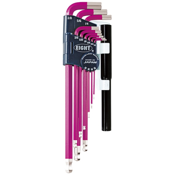 Eight Tool TAPER HEAD HEX KEY L-HANDLE EXTRA LONG SET, 9PC 1/16-3/8INCH PRPL W/EXTENSION PIPES - TEL-S9NPPU