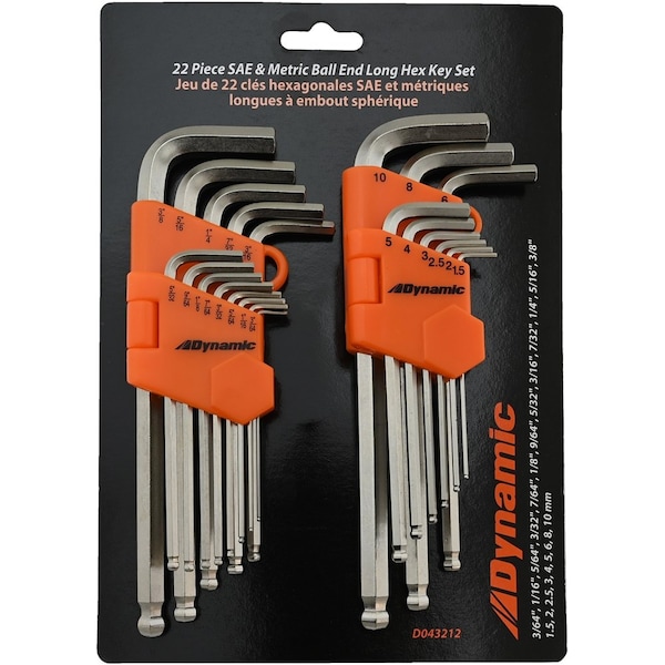 Dynamic 22Pcs SAE & Metric Ball End Long Hex Key Set, 3/64"-3/8" & 1.5mm-10mm - D043212
