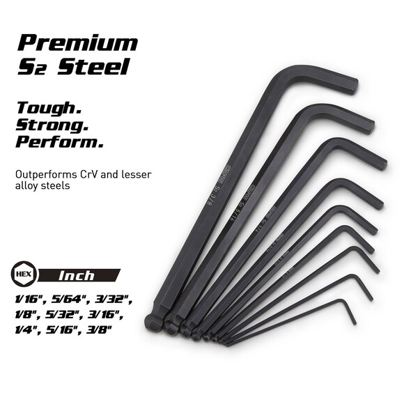Capri Tools S2 Steel SAE Long Arm Ballpoint End Hex Key Wrench Set, 9 pcs - 1-3020