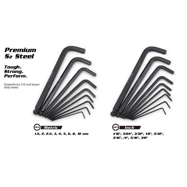 Capri Tools S2 Steel Metric/SAE Long Arm Ballpoint End Hex Key Set, 18 pcs - CP130MS