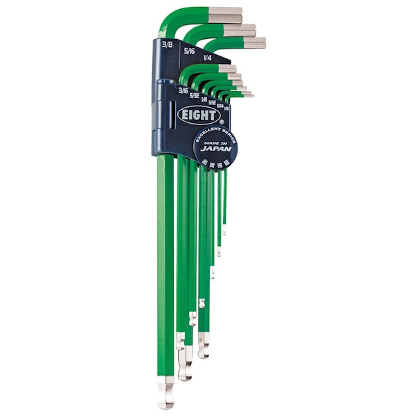 Eight Tool TAPER HEAD HEX KEY L-HANDLE EXTRA LONG SET, 9PC 1/16-3/8INCH GRN - TEL-S9NGR