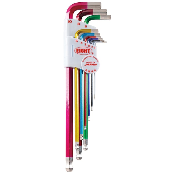 Eight Tool TAPER HEAD HEX KEY L-HANDLE EXTRA LONG SET, 9PC 1.5-10MM MLTI-CLR - TLC-S9N