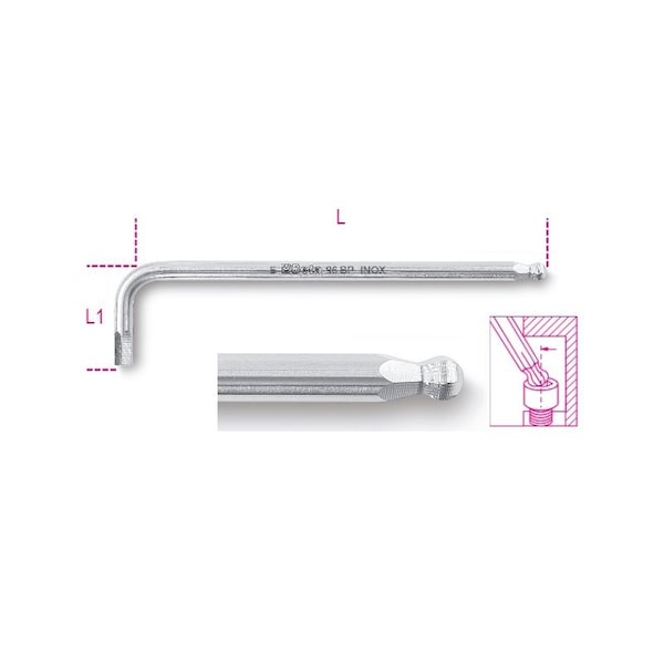 Beta 96BP INOX Stainless Steel, Ball End Hex Key Allen Wrench, Extra Long, 7mm - 000961447