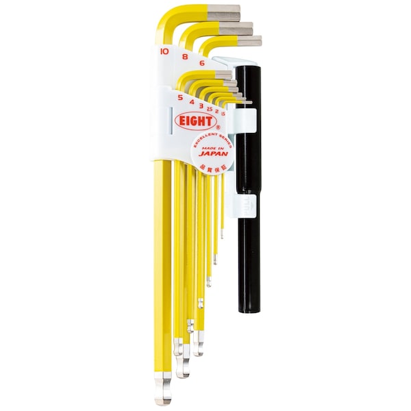 Eight Tool TAPER HEAD HEX KEY L-HANDLE EXTRA LONG SET, 9PC 1.5-10MM YLW W/EXTENSION PIPES - TLC-S9NPYE